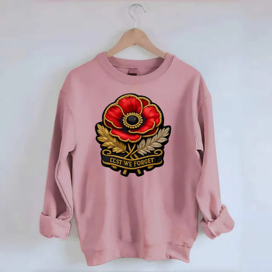 MEMORIAL POPPY - red poppy flower in scarlet , remembrance - Crewneck Sweatshirt - pink