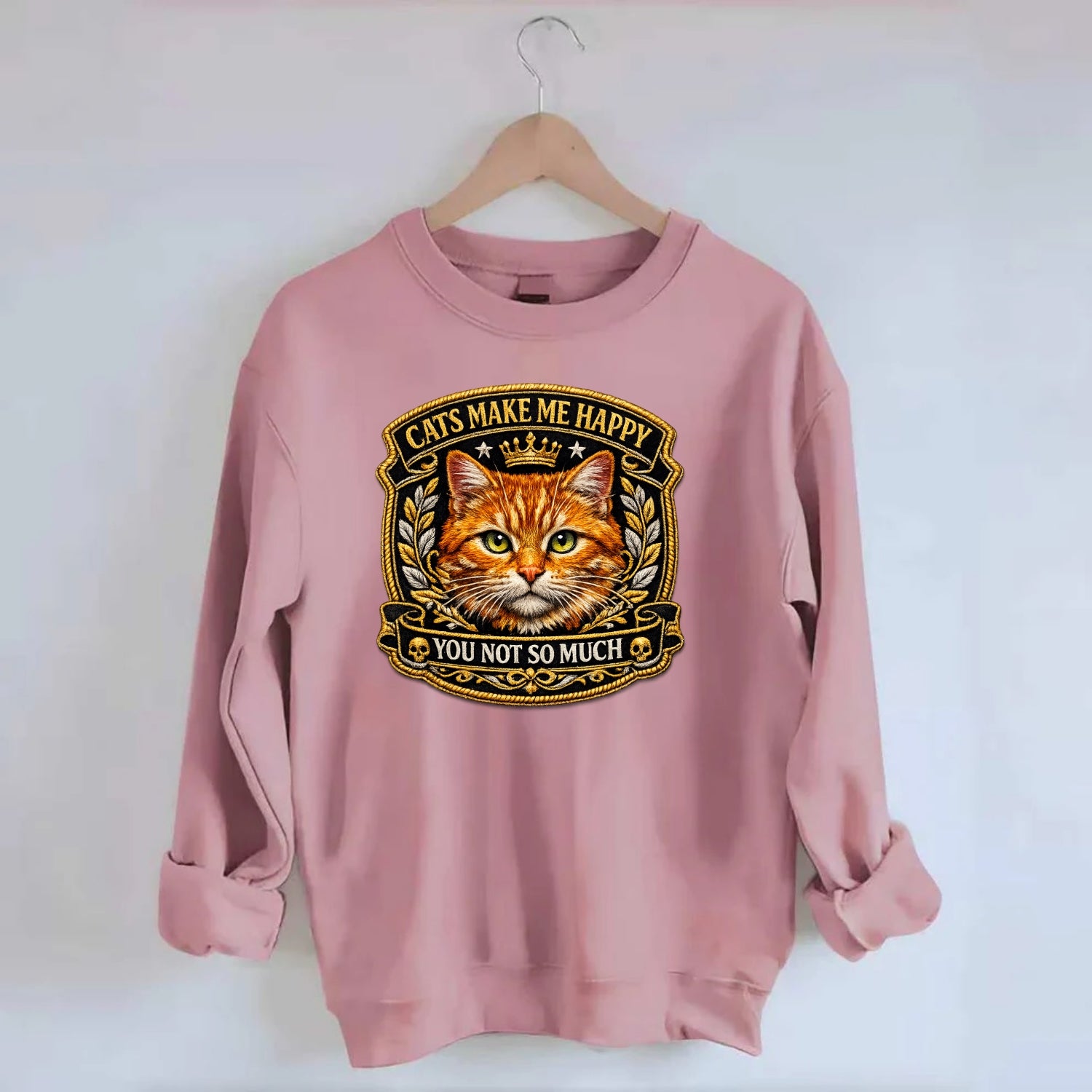 CATS MAKE ME HAPPY YOU NOT SO MUCH - cat face in orange , cat preference - Crewneck Sweatshirt - pink