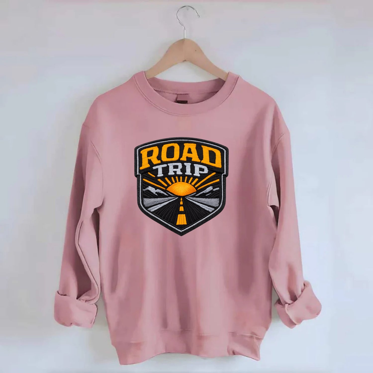 ROAD TRIP - highway and sun in orange and gray , open road - Crewneck Sweatshirt - pink