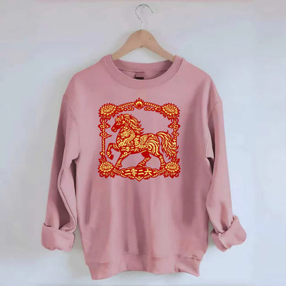 HORSE | Silk style horse design | Gold and silver thread appearance | Phoenix - Crewneck Sweatshirt - pink