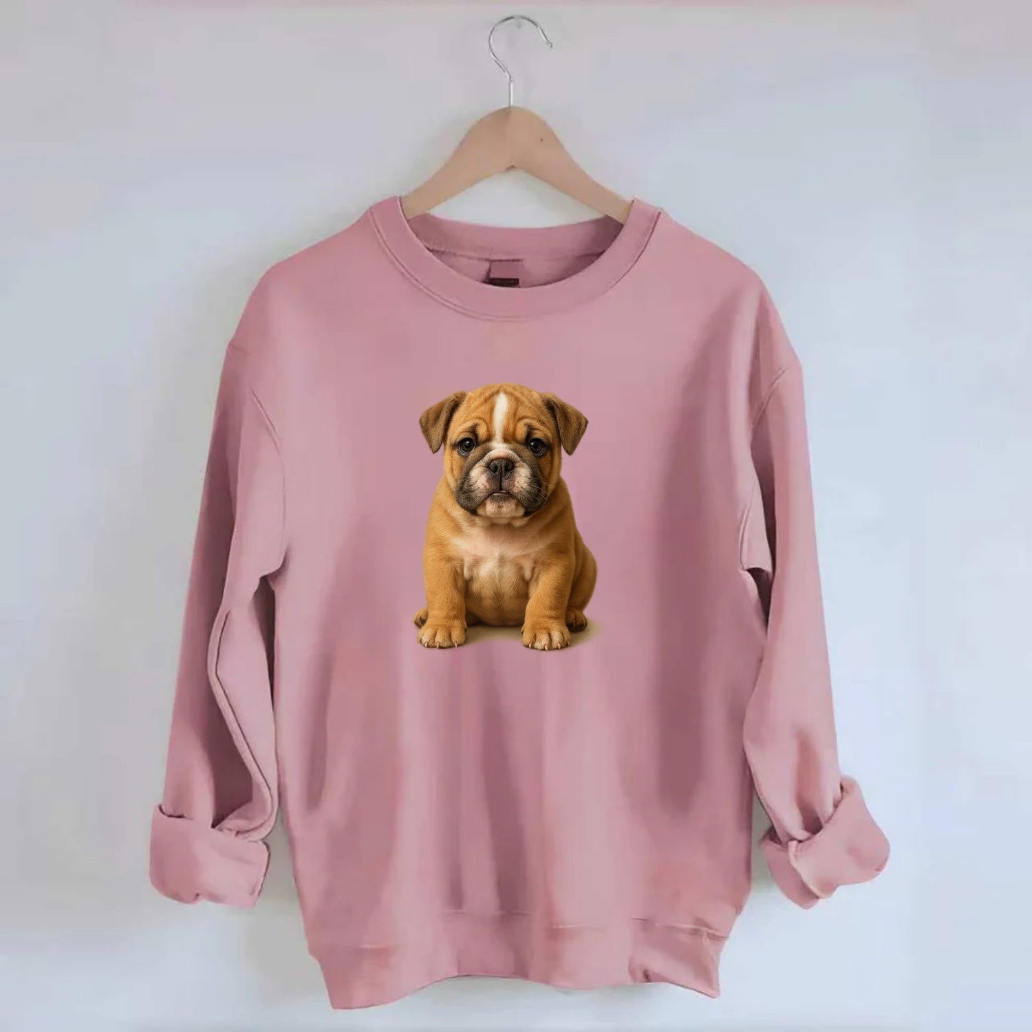 Baby Bulldog Puppy - wrinkly face, underbite, stocky body, gentle eyes, - Crewneck Sweatshirt - pink