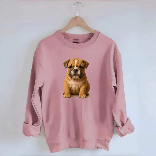 Baby Bulldog Puppy - wrinkly face, underbite, stocky body, gentle eyes, - Crewneck Sweatshirt - pink