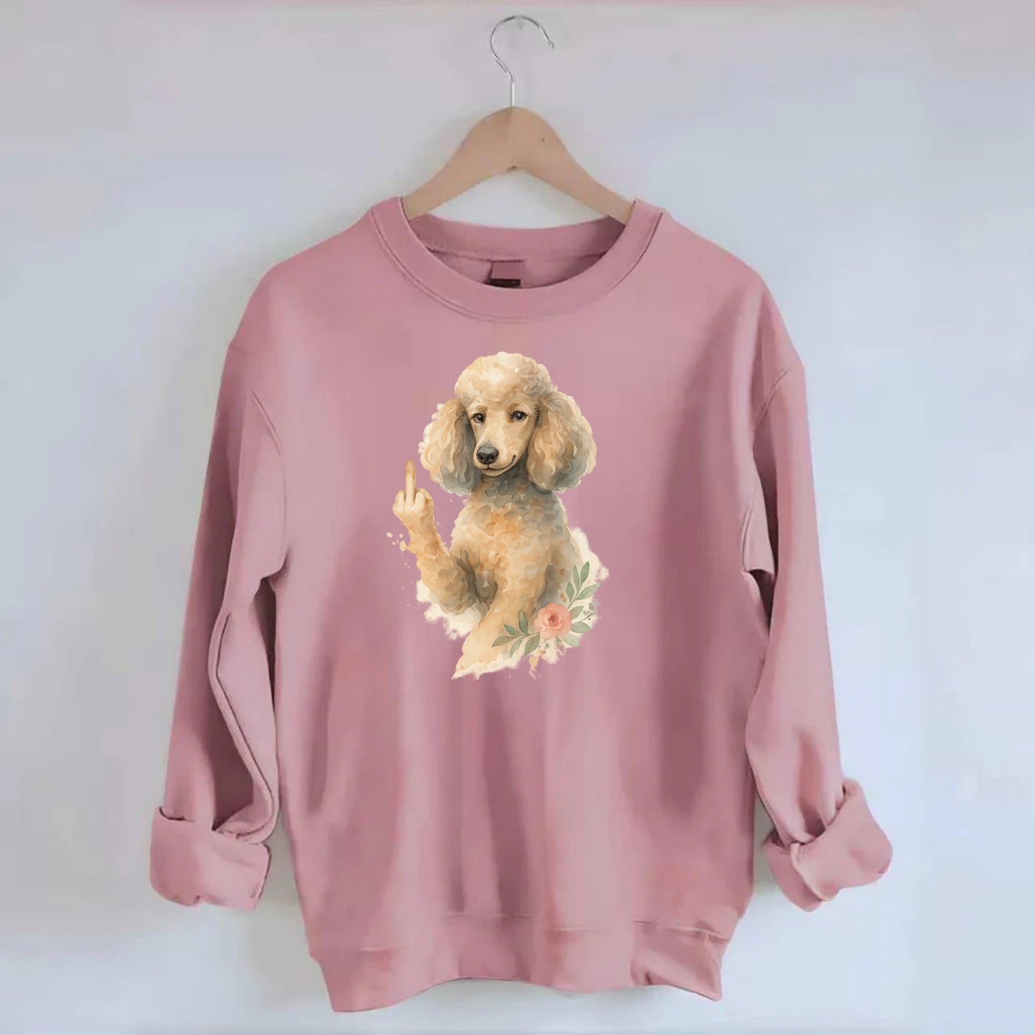 Standard Poodle with curly styled coat, intelligent face, fancy paw giving - Crewneck Sweatshirt - pink