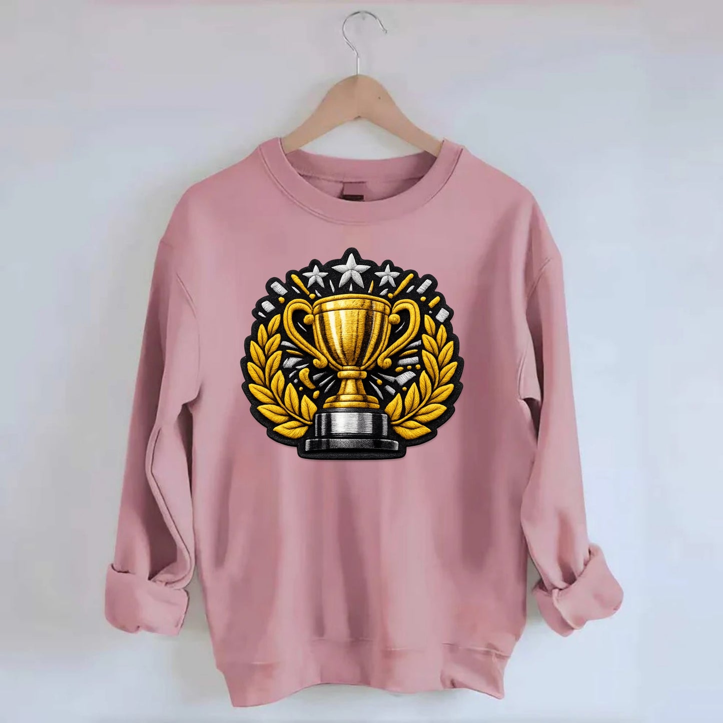Embroidered patch design - CHAMPIONSHIP TROPHY - golden trophy cup with - Crewneck Sweatshirt - pink