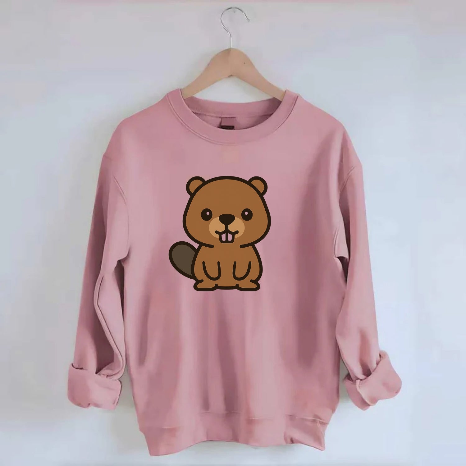 Baby Beaver - brown fur, paddle tail, buck teeth, friendly eyes, - Crewneck Sweatshirt - pink