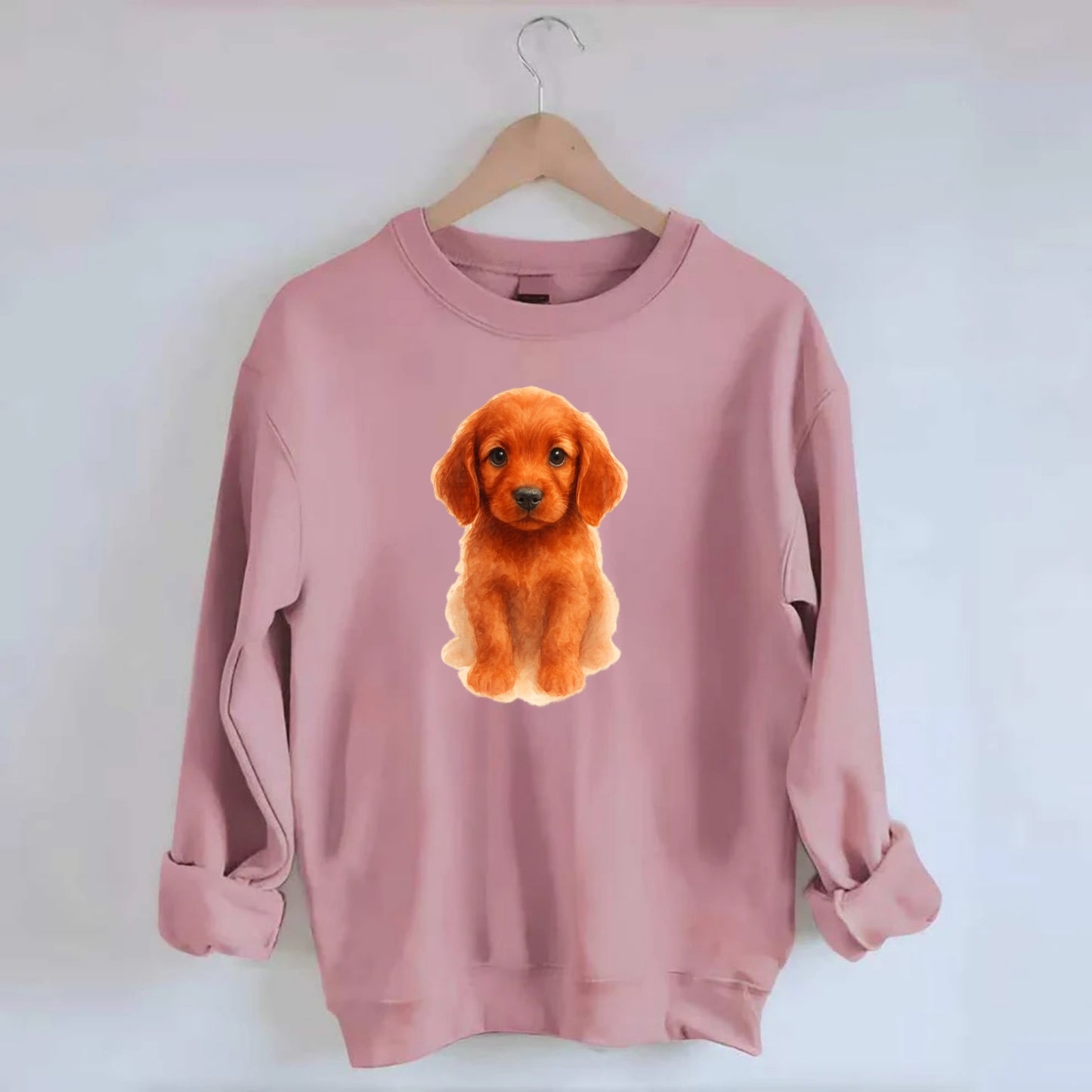Baby Irish Setter Puppy - mahogany red coat, feathered ears, friendly eyes, - Crewneck Sweatshirt - pink