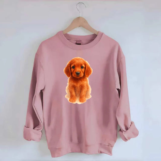 Baby Irish Setter Puppy - mahogany red coat, feathered ears, friendly eyes, - Crewneck Sweatshirt - pink