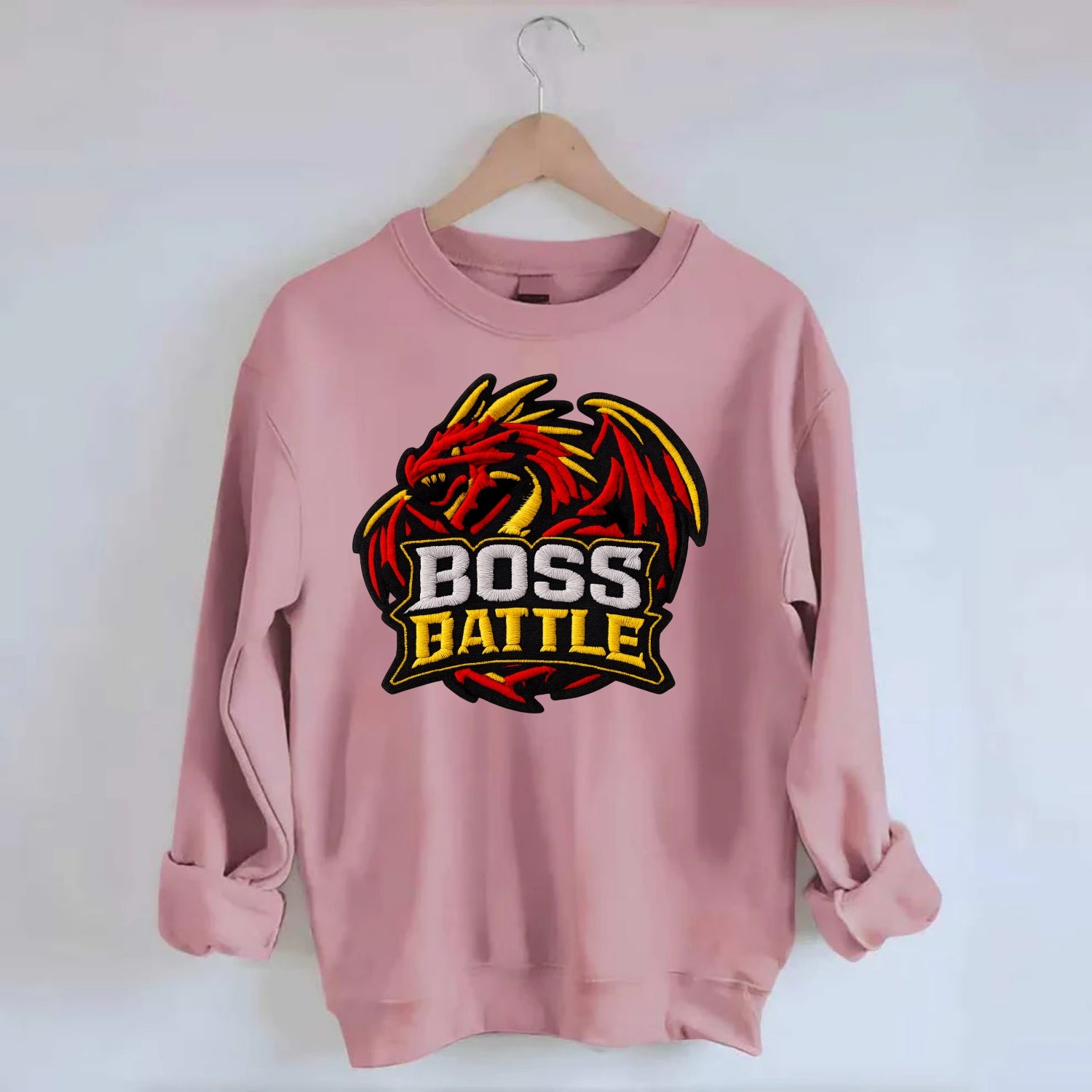 BOSS BATTLE - dragon silhouette in red and gold , raid - Crewneck Sweatshirt - pink