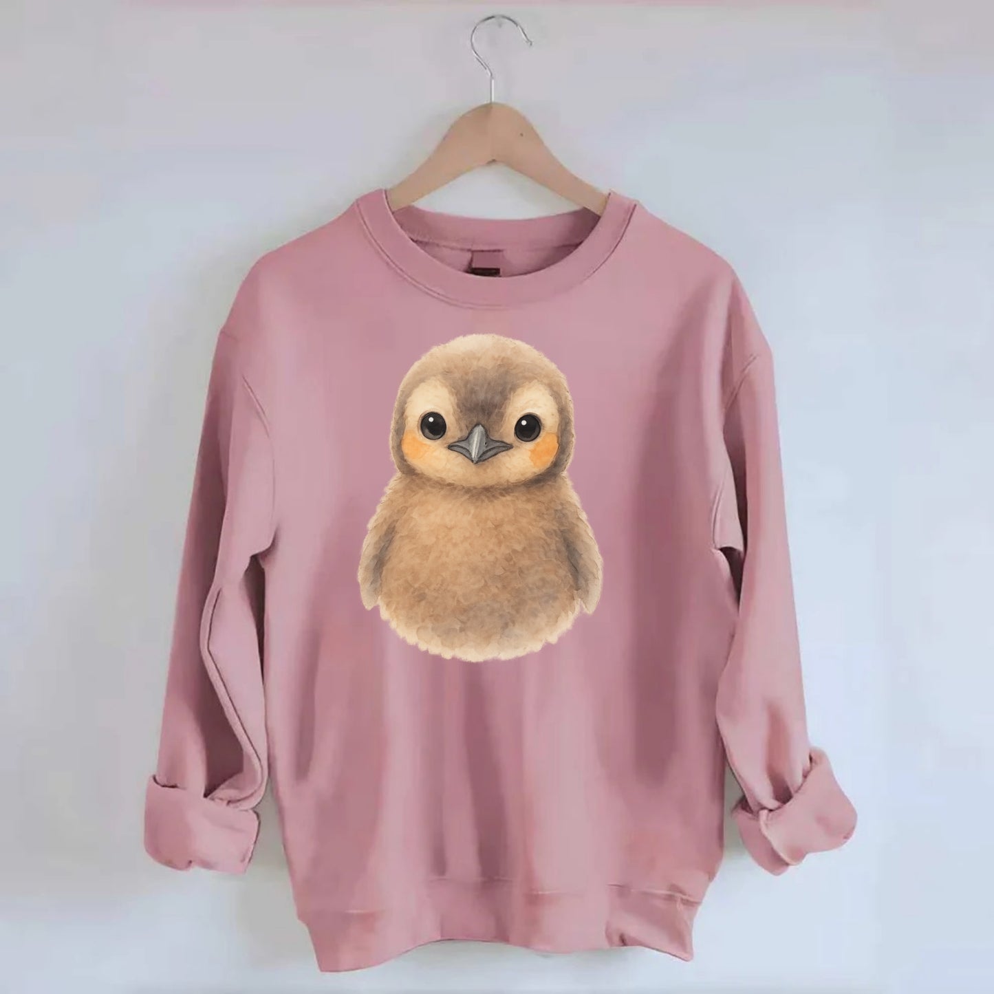 Baby King Penguin - orange cheek patches, fluffy brown, large eyes, - Crewneck Sweatshirt - pink