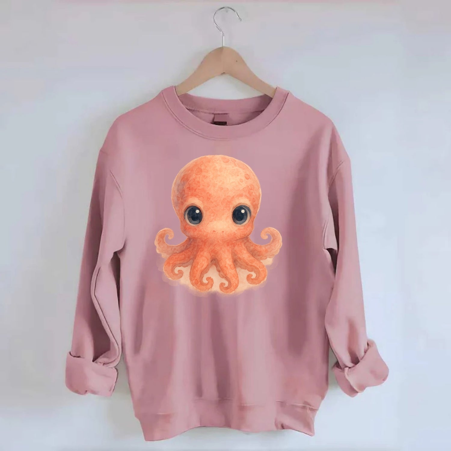 Baby Octopus - red-orange, eight tiny tentacles curled, large intelligent - Crewneck Sweatshirt - pink