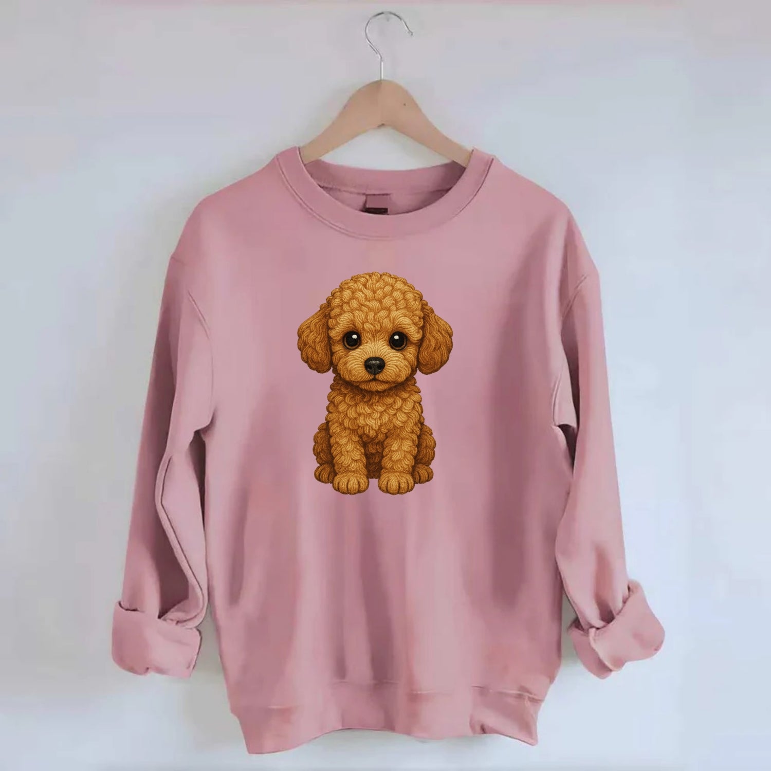Baby Poodle Puppy - curly fluffy coat, intelligent eyes, elegant snout, - Crewneck Sweatshirt - pink
