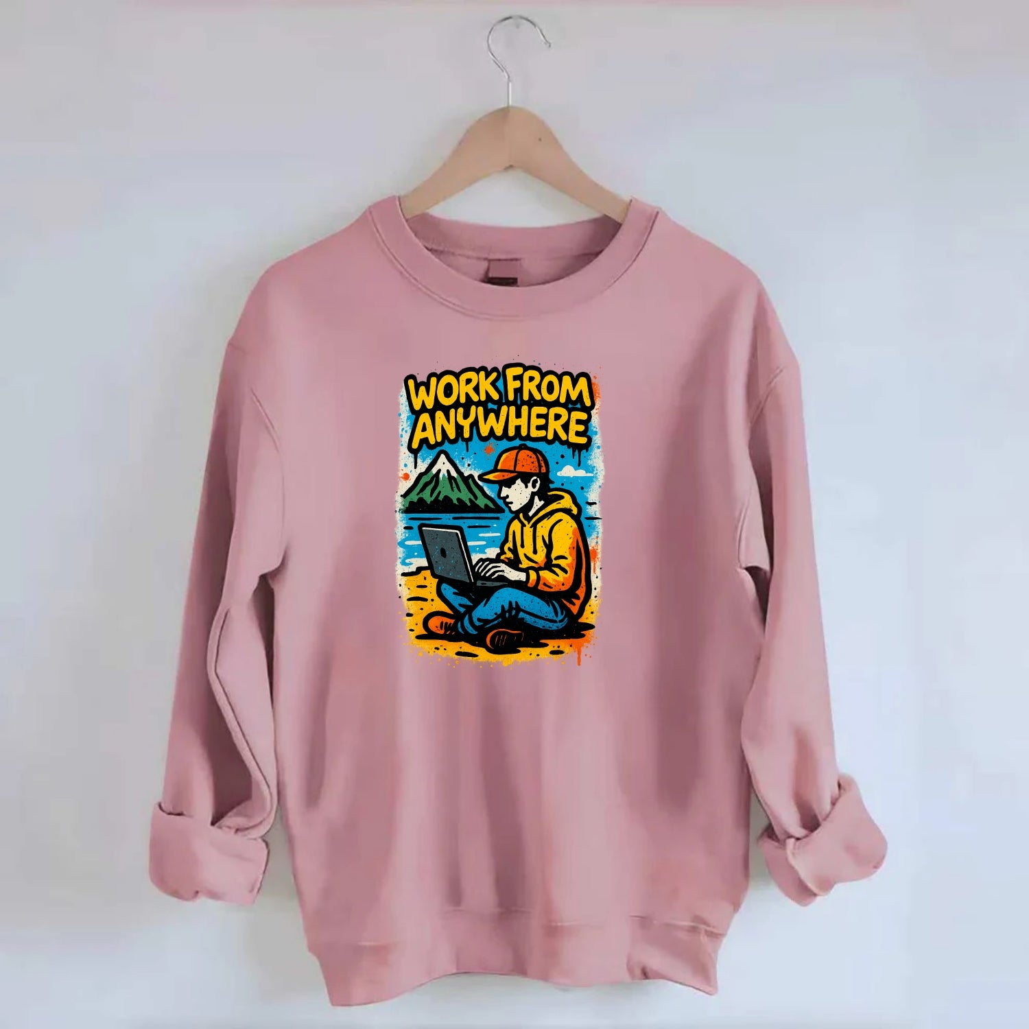 Digital nomad with laptop on beach/mountain - work from anywhere lifestyle, - Crewneck Sweatshirt - pink