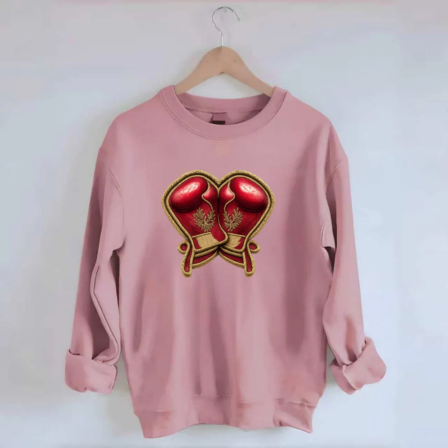 Embroidered patch design - BOXING GLOVES - red boxing gloves crossed in - Crewneck Sweatshirt - pink