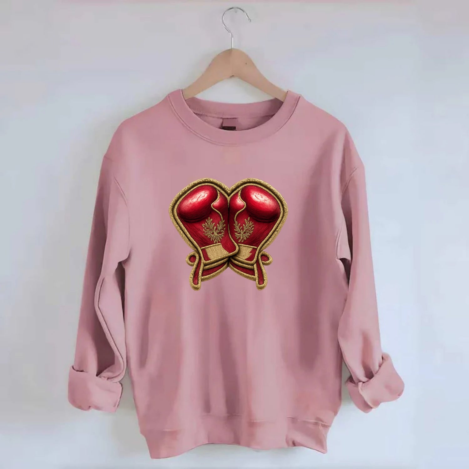 Embroidered patch design - BOXING GLOVES - red boxing gloves crossed in - Crewneck Sweatshirt - pink