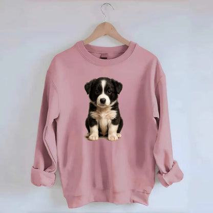 Baby Border Collie Puppy - black and white, intense smart eyes, athletic - Crewneck Sweatshirt - pink