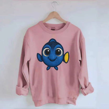 Baby Blue Tang - bright blue with yellow tail, big eyes, front-facing, - Crewneck Sweatshirt - pink