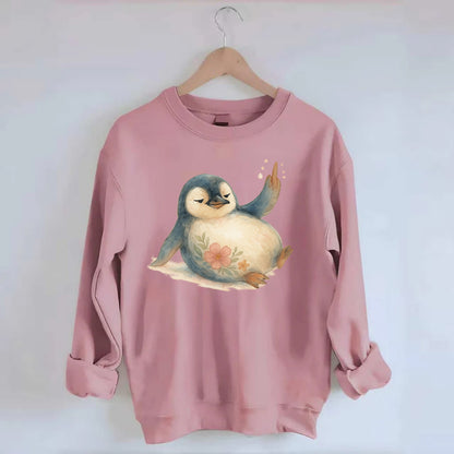 chubby penguin sliding on belly, one flipper up giving attitude - Crewneck Sweatshirt - pink