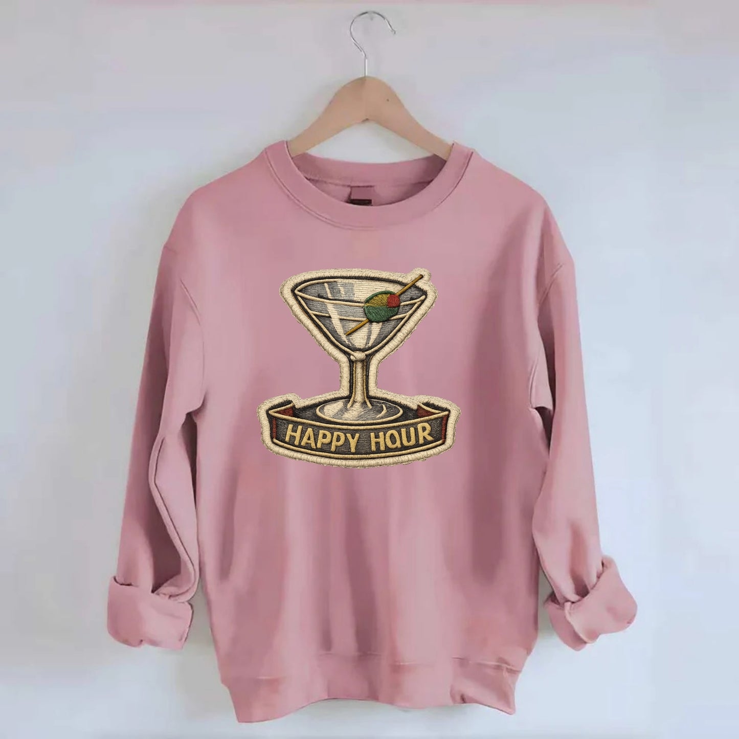 COCKTAIL MARTINI - martini glass with olive in silver and green , happy hour - Crewneck Sweatshirt - pink
