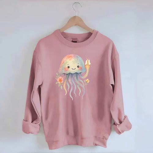 jellyfish with kawaii face and tentacles, one tentacle pointing up defiantly - Crewneck Sweatshirt
