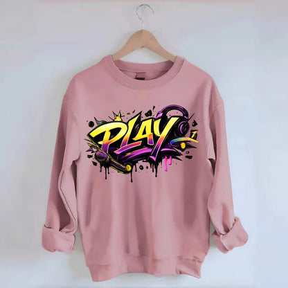 Bold typography design - "PLAY" - creative expression, musical performance - Crewneck Sweatshirt - pink