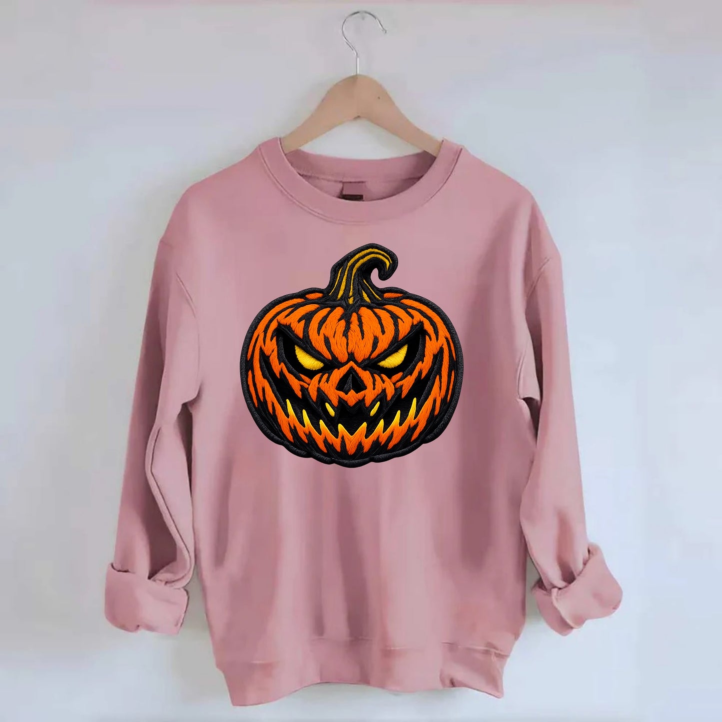 HALLOWEEN PUMPKIN - jack o lantern in orange and black , spooky - Crewneck Sweatshirt - pink