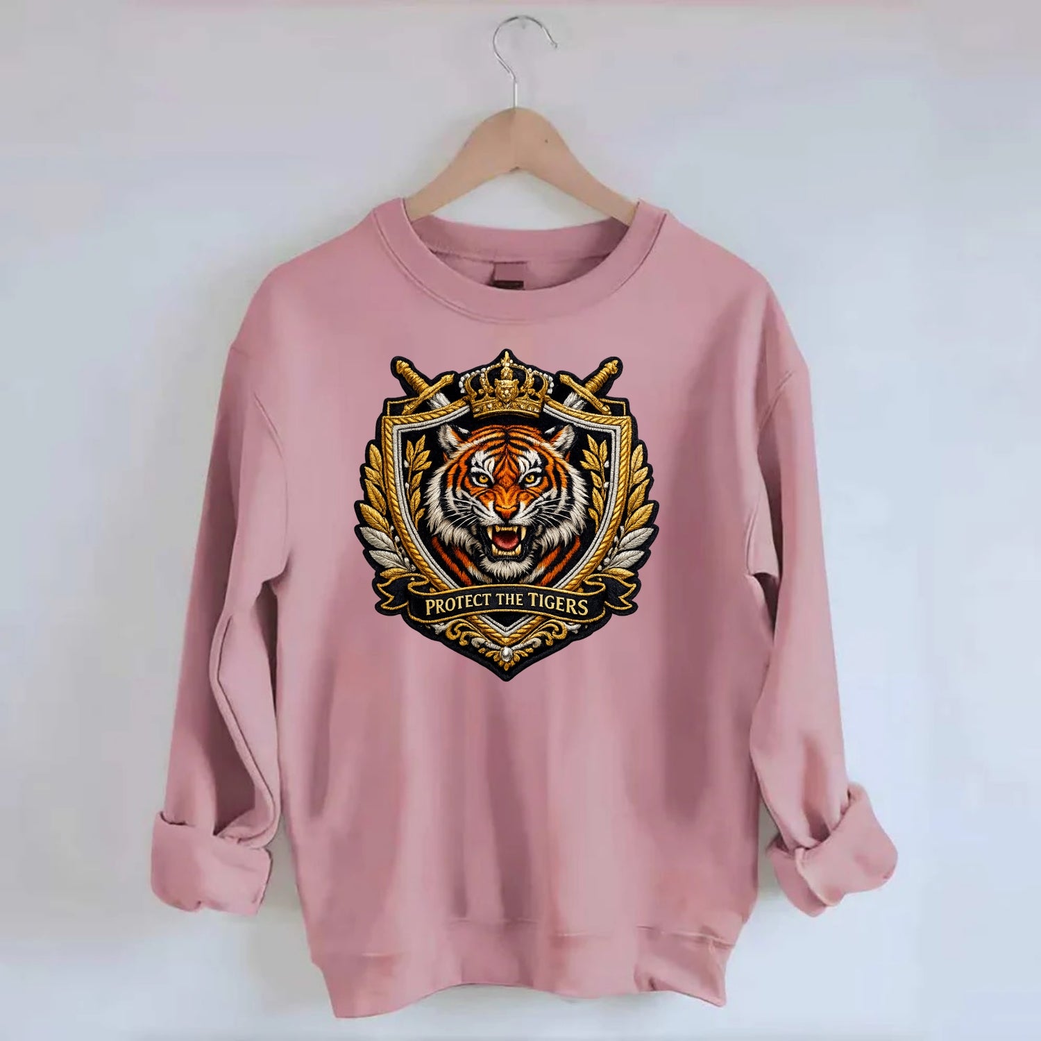 PROTECT THE TIGERS - tiger with shield in orange , big cat conservation - Crewneck Sweatshirt - pink