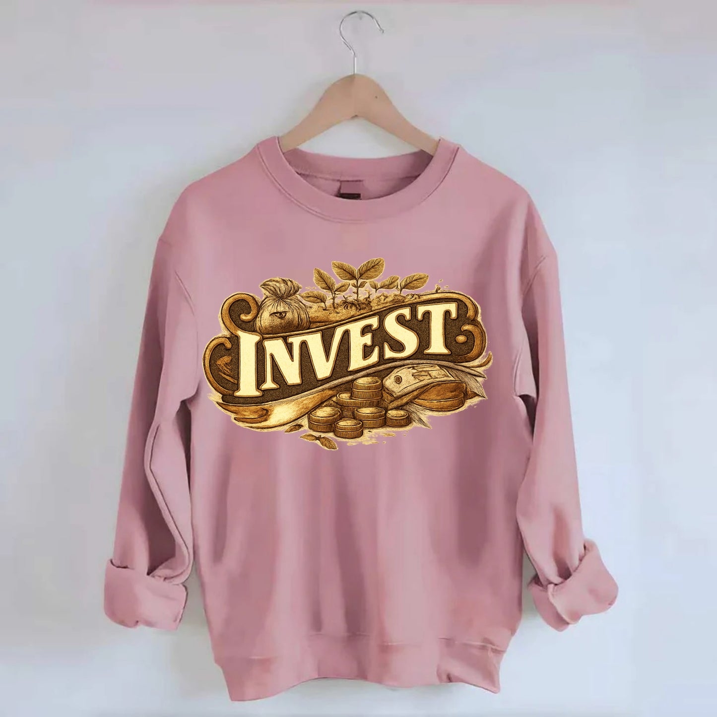Bold typography design - "INVEST" - growing money, smart decisions - Crewneck Sweatshirt - pink