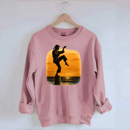 karate crane kick pose on wooden post at beach sunset - Crewneck Sweatshirt - pink