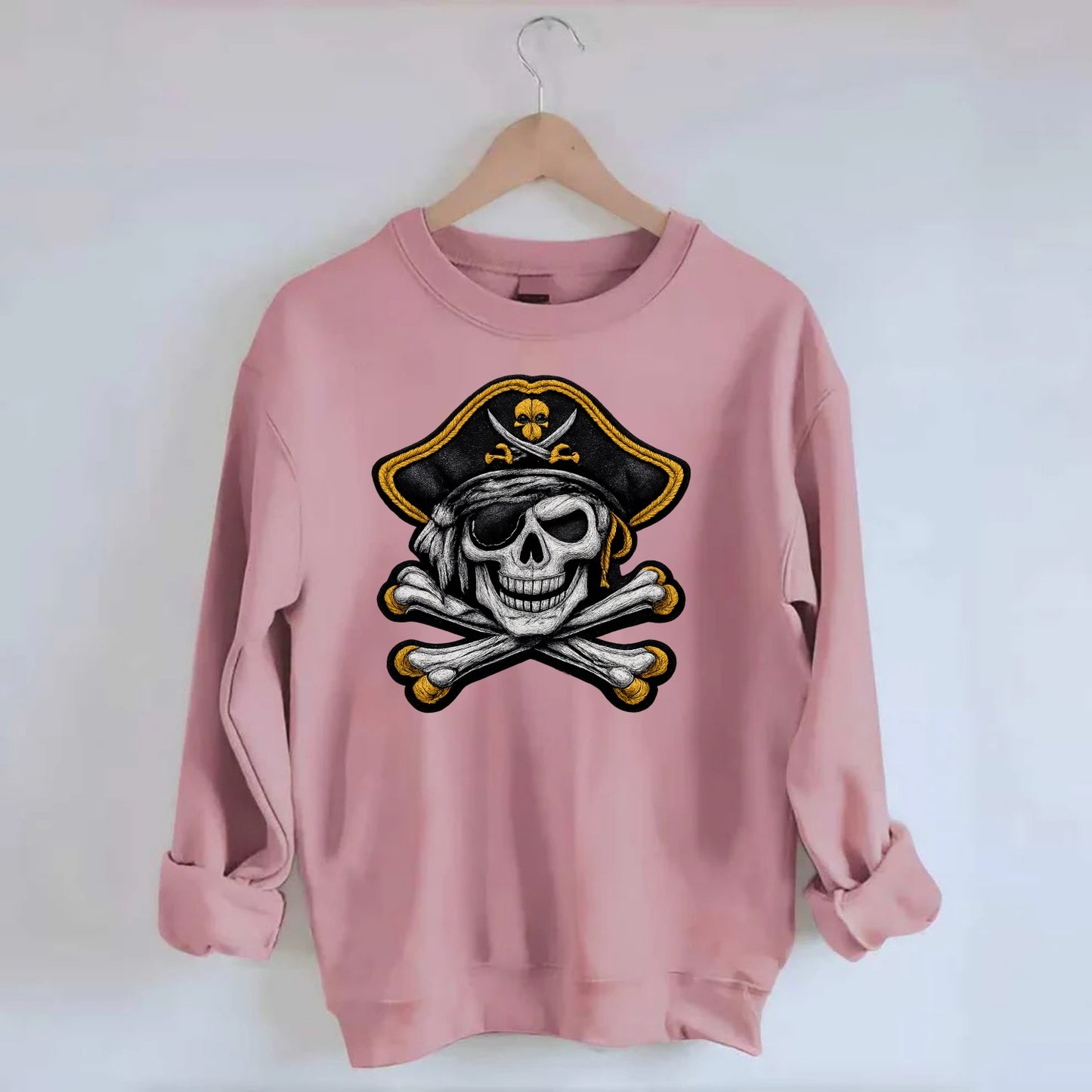 PIRATE SKULL - Jolly Roger skull in black and white , pirate - Crewneck Sweatshirt - pink