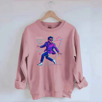 confident figure sliding across polished wooden floor in socks and sunglasses - Crewneck Sweatshirt - pink