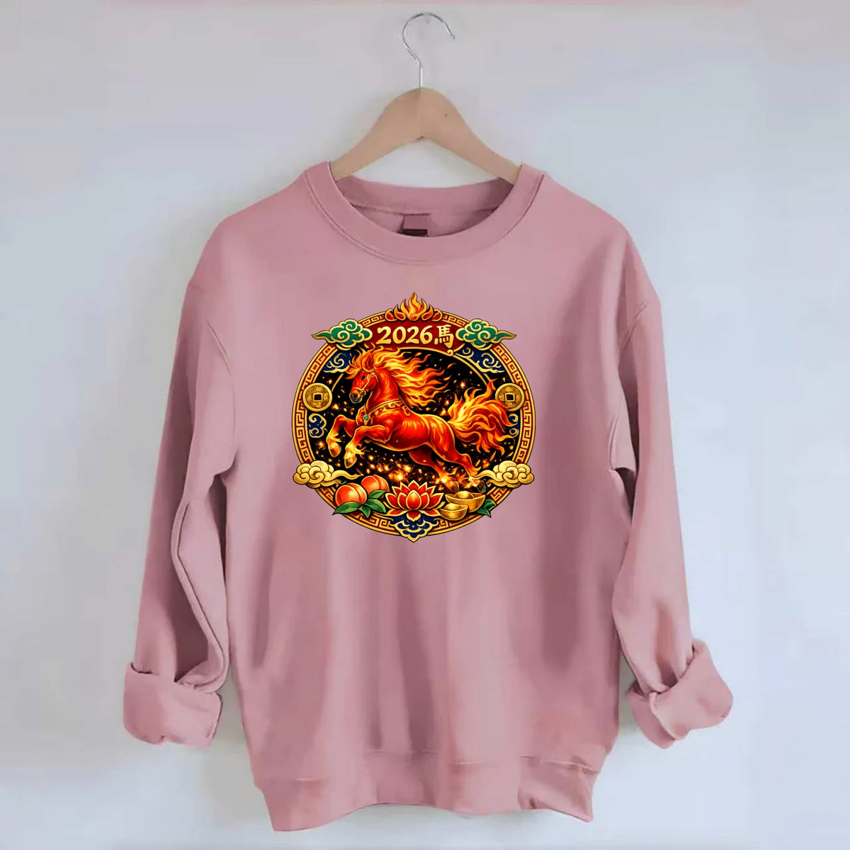 FIRE HORSE | Flaming mane and tail horse | Blazing orange and red colors | - Crewneck Sweatshirt - pink