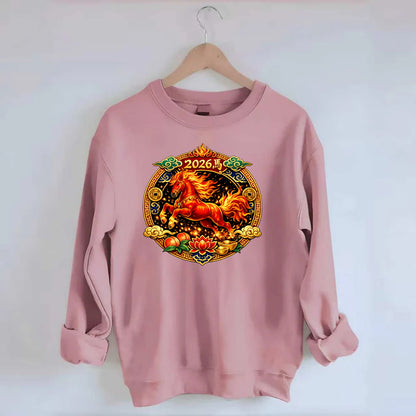 FIRE HORSE | Flaming mane and tail horse | Blazing orange and red colors | - Crewneck Sweatshirt - pink