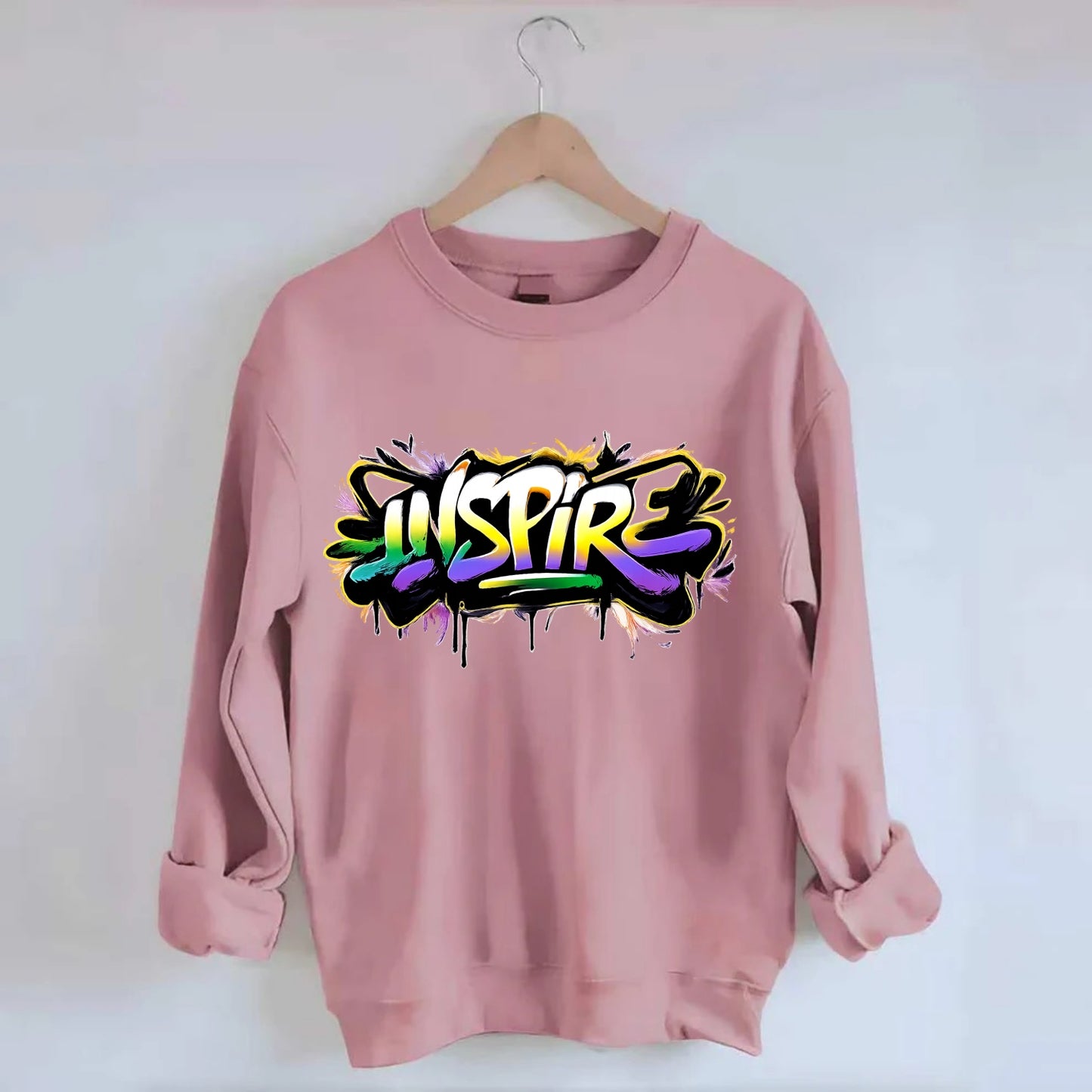 Bold typography design - "INSPIRE" - motivating others, being the spark - Crewneck Sweatshirt - pink