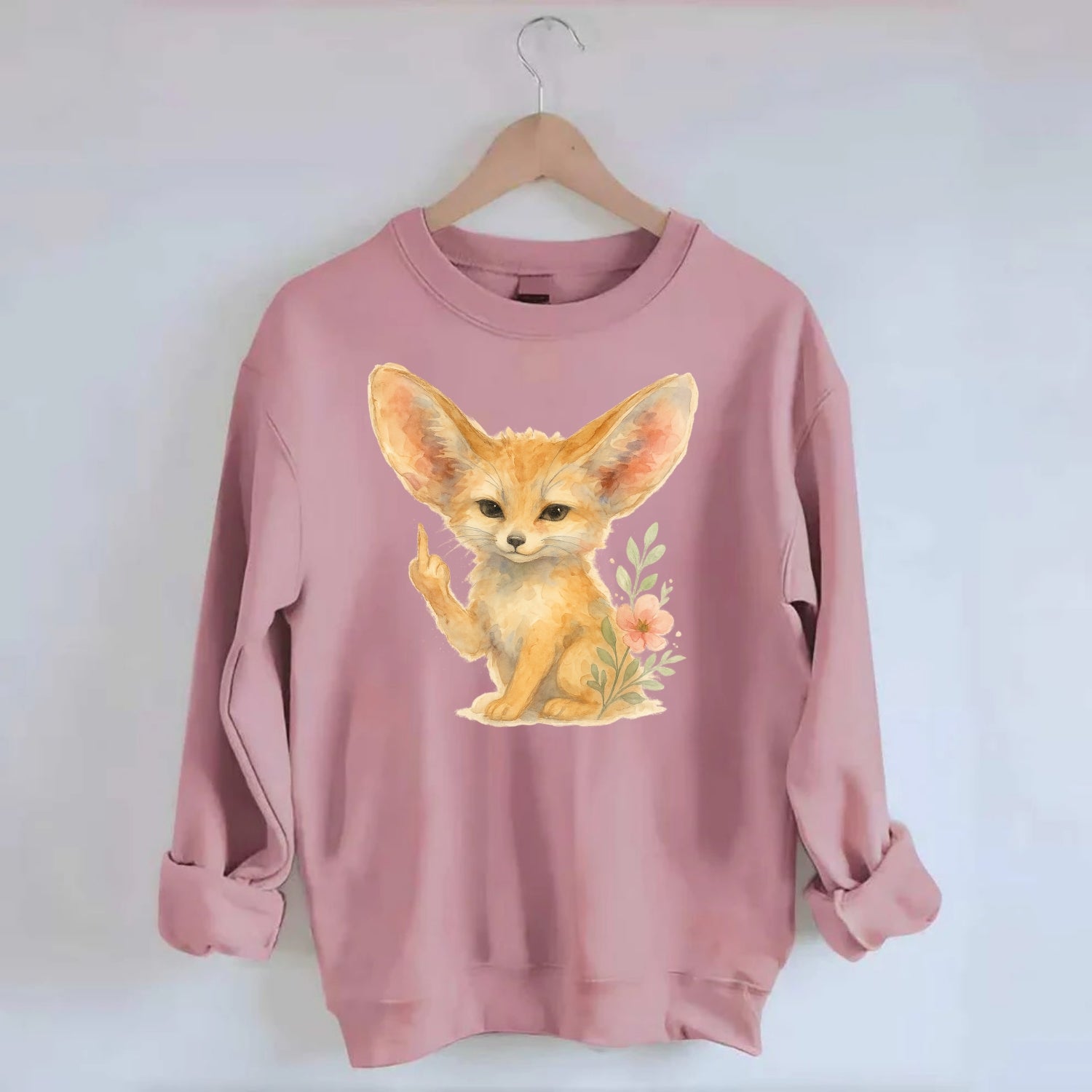 tiny fennec fox with oversized ears, one small paw raised in sass - Crewneck Sweatshirt - pink
