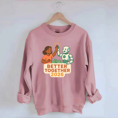 Human and AI robot high-fiving as collaborative partners - "Better Together - Crewneck Sweatshirt - pink