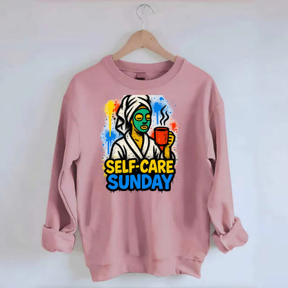 Person in bathrobe with face mask and tea - self-care Sunday ritual, wellness - Crewneck Sweatshirt - pink