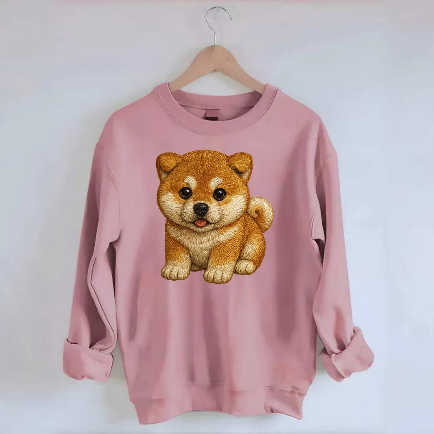Baby Akita Puppy - fluffy bear-like, curled tail, dignified eyes, - Crewneck Sweatshirt - pink