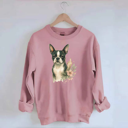 Boston Terrier with tuxedo markings, perky ears, paw up giving sass - Crewneck Sweatshirt - pink