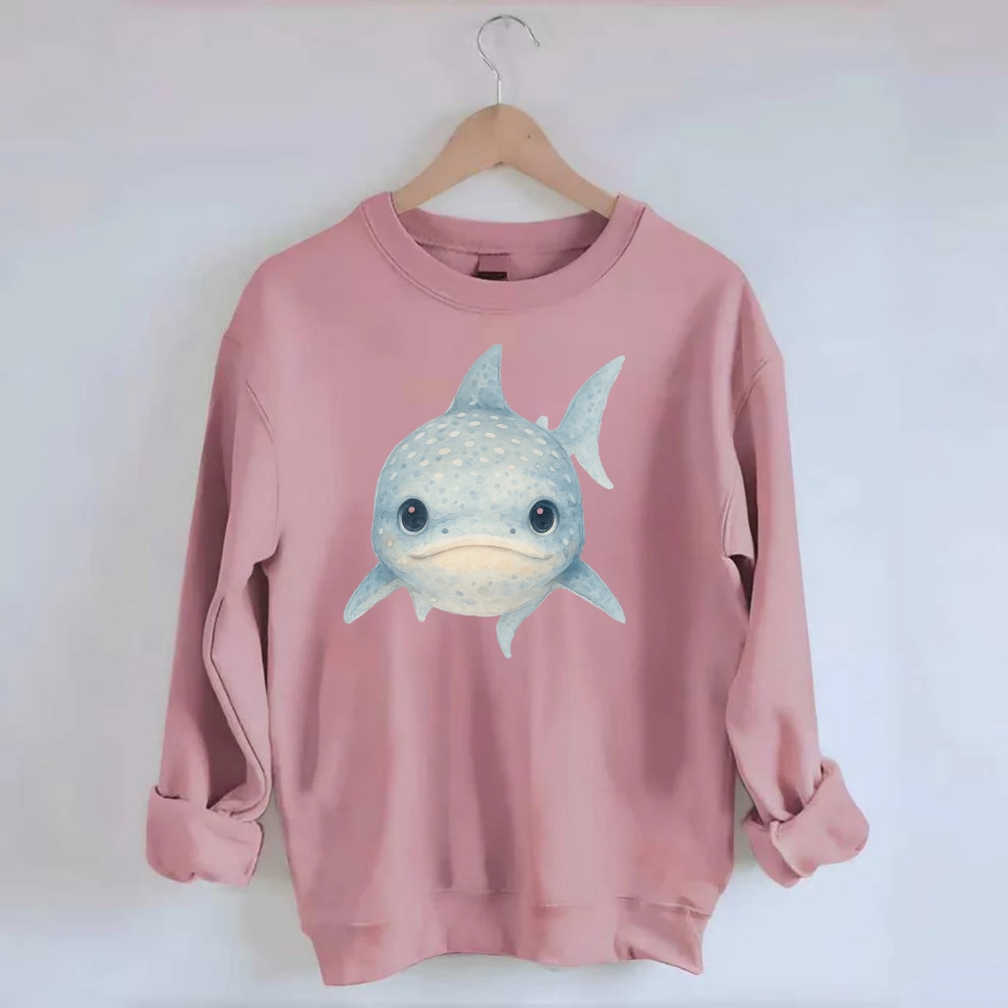 Baby Whale Shark - spotted blue-gray, wide mouth closed, tiny eyes, - Crewneck Sweatshirt - pink