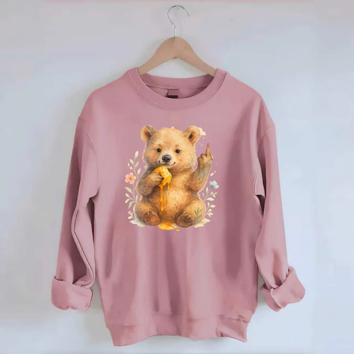 chubby bear cub eating dripping honey, sticky paw up with middle finger - Crewneck Sweatshirt - pink