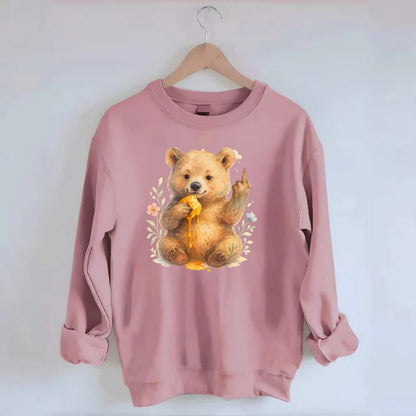 chubby bear cub eating dripping honey, sticky paw up with middle finger - Crewneck Sweatshirt - pink