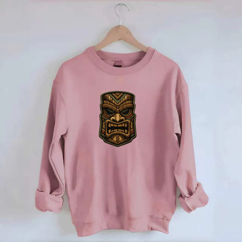 TIKI MASK - carved totem in brown and red , Polynesian - Crewneck Sweatshirt
