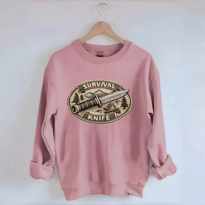 SURVIVAL KNIFE - fixed blade with compass in silver and black , bushcraft - Crewneck Sweatshirt - pink