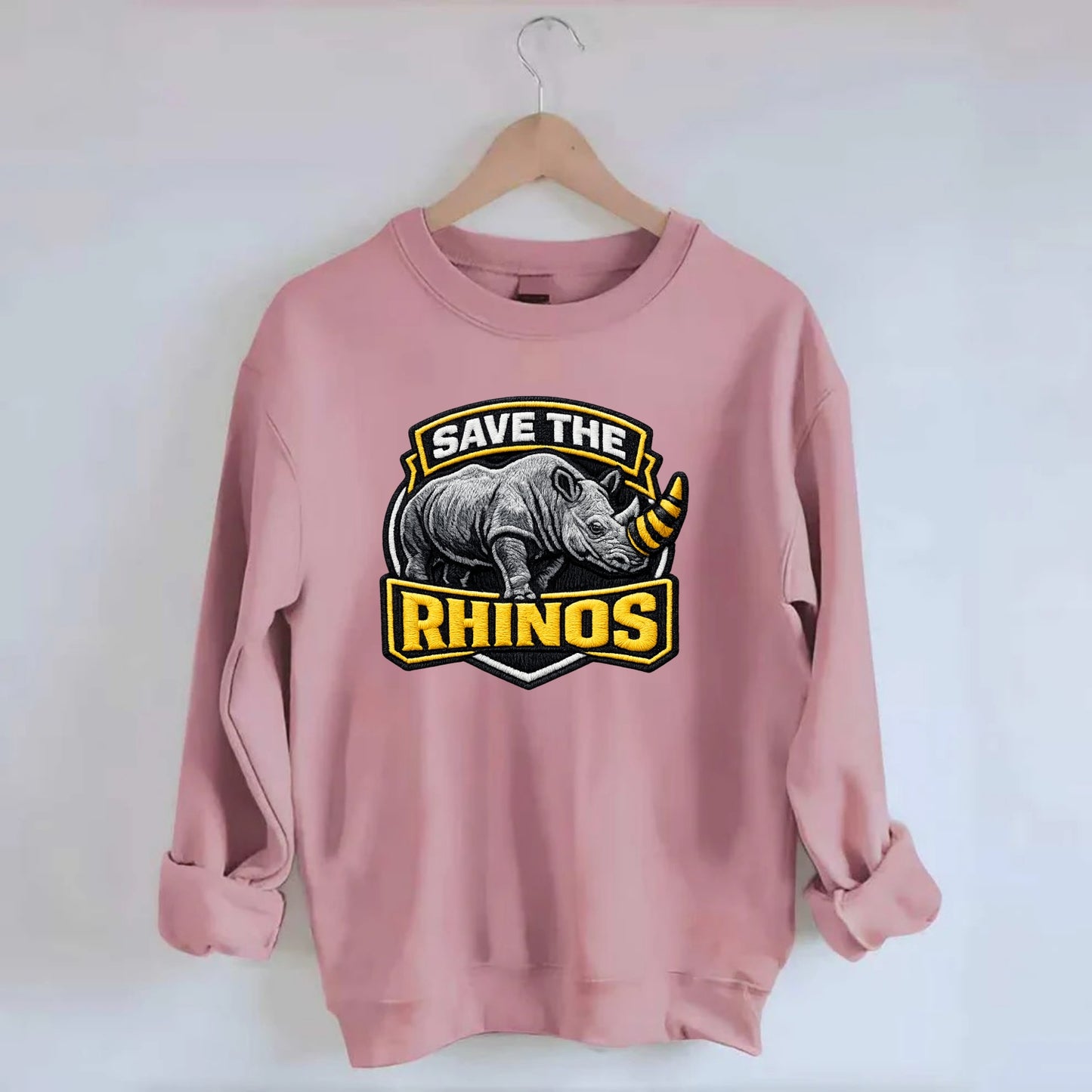 SAVE THE RHINOS - rhino silhouette in gray , horn protection - Crewneck Sweatshirt - pink