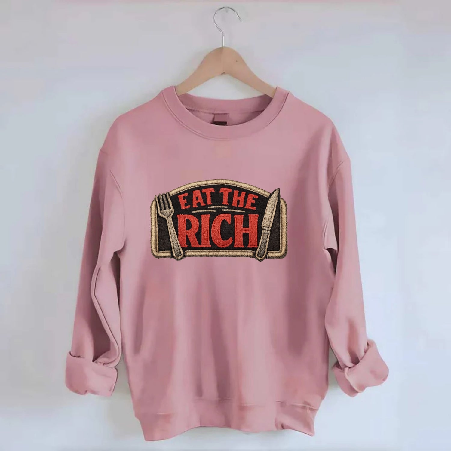EAT THE RICH - fork and knife with text in red and silver , class war - Crewneck Sweatshirt - pink