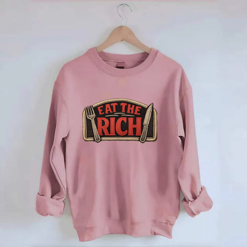 EAT THE RICH - fork and knife with text in red and silver , class war - Crewneck Sweatshirt