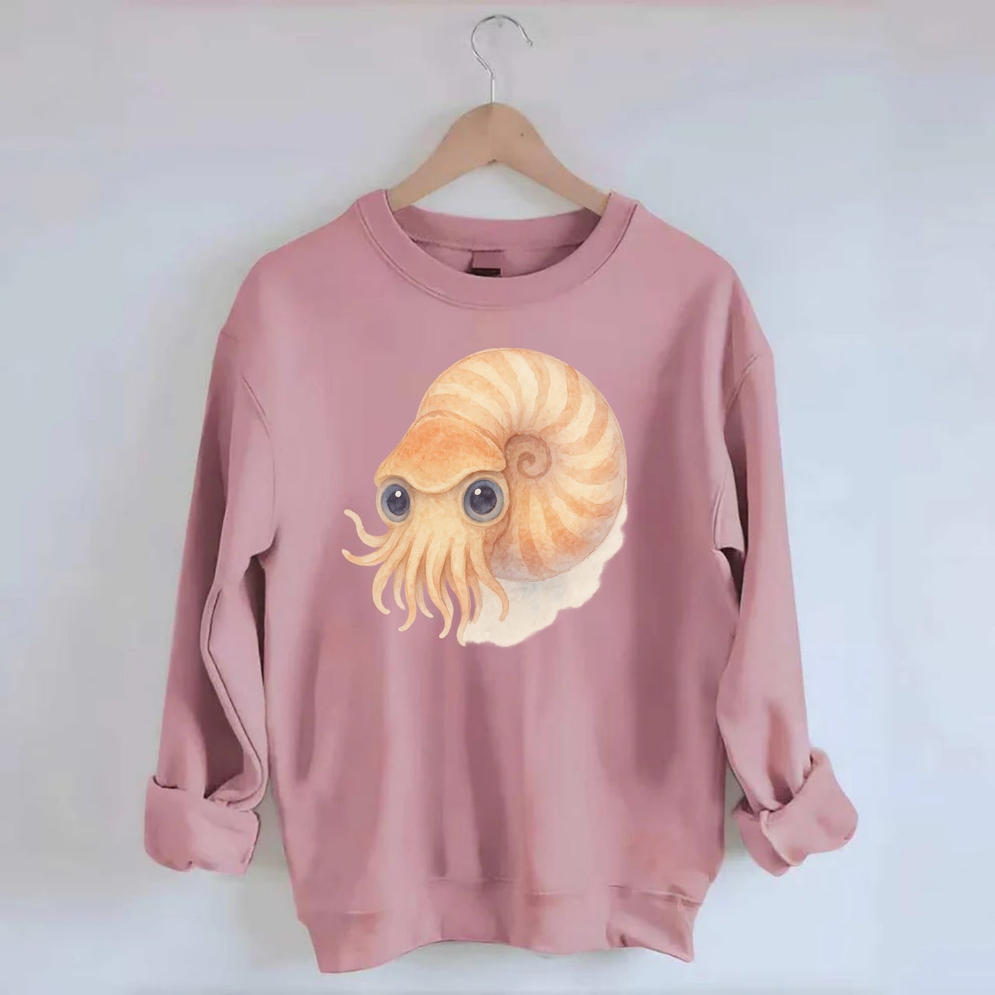 Baby Nautilus - spiral shell, tentacles peeking, ancient eyes, front-facing, - Crewneck Sweatshirt - pink