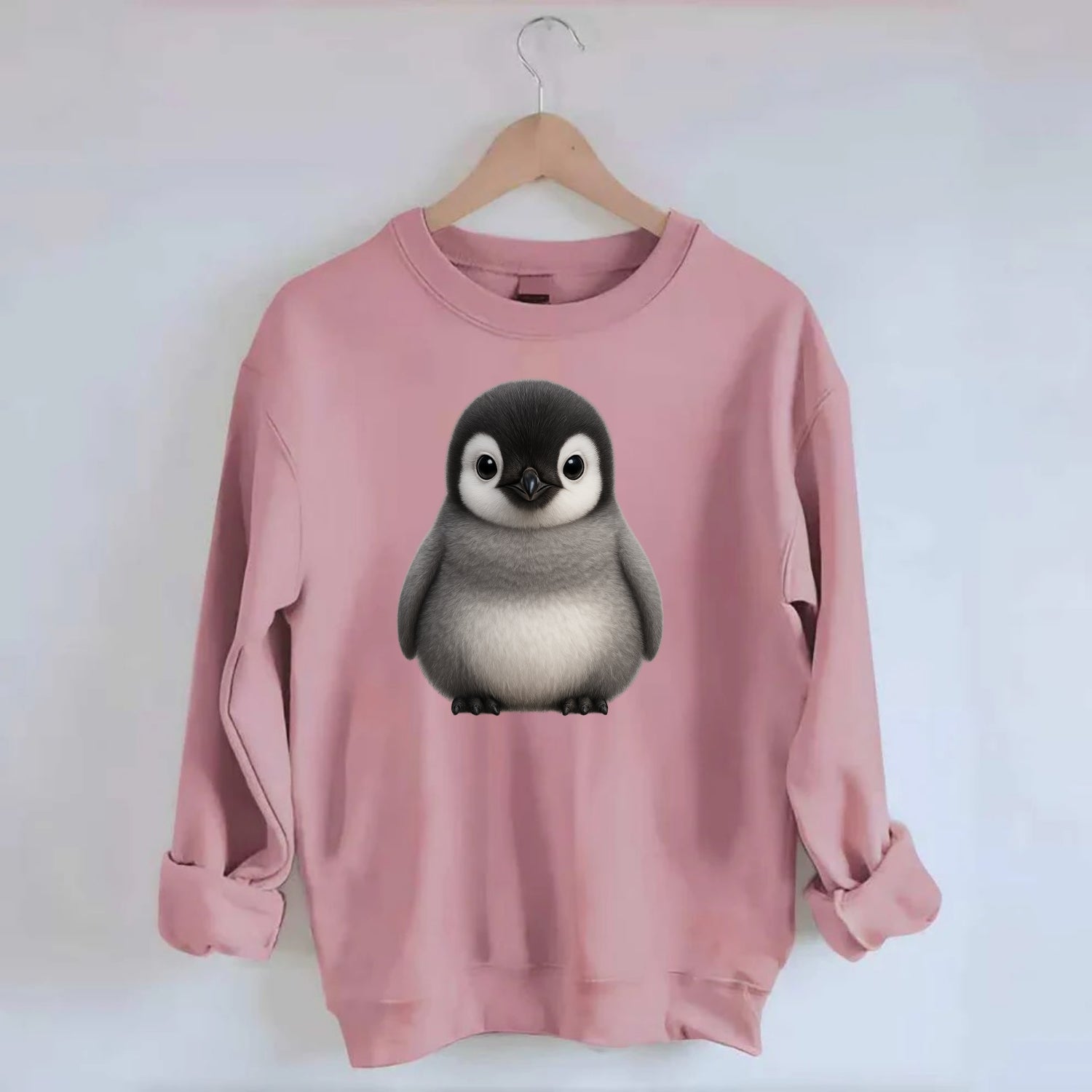 Baby Adelie Penguin - black and white, round body, curious eyes, - Crewneck Sweatshirt - pink