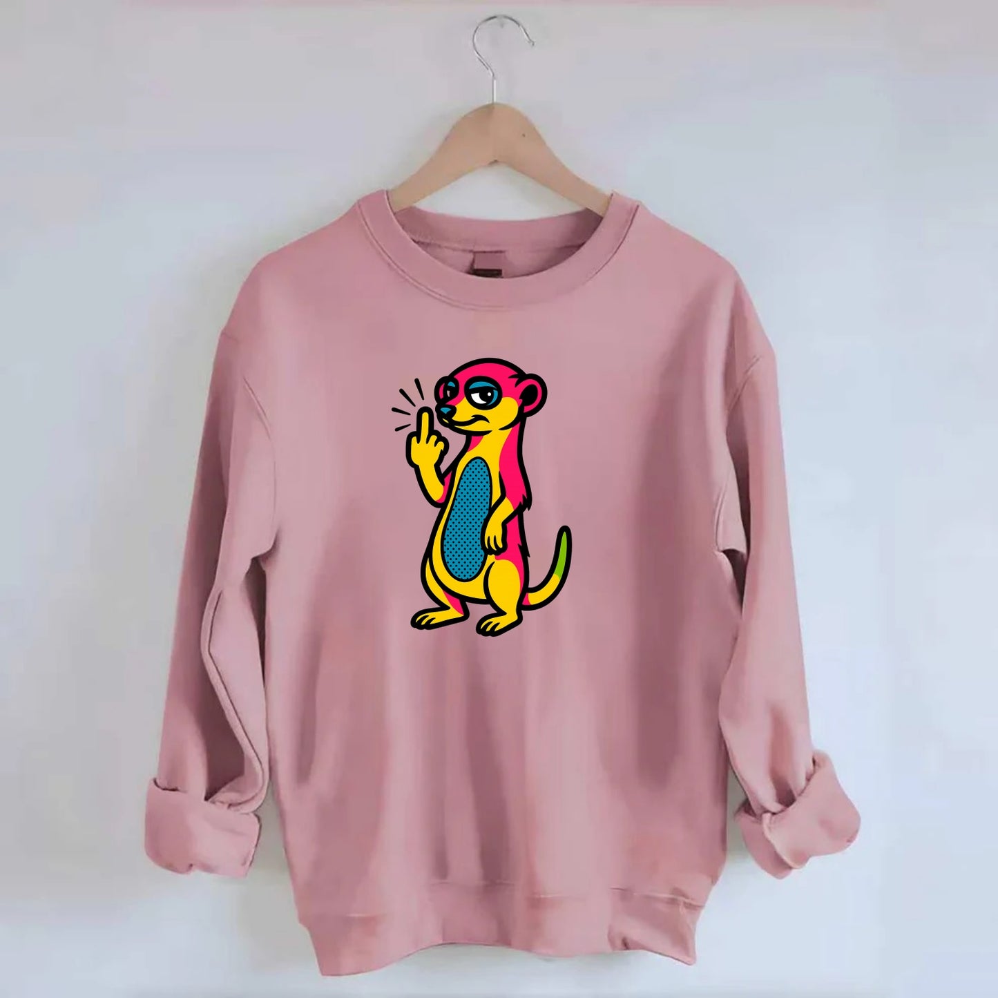 cute meerkat standing guard on hind legs, one front paw raised in sassy salute - Crewneck Sweatshirt - pink