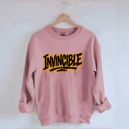 Bold typography design - "INVINCIBLE" - cannot be defeated, unconquerable - Crewneck Sweatshirt - pink